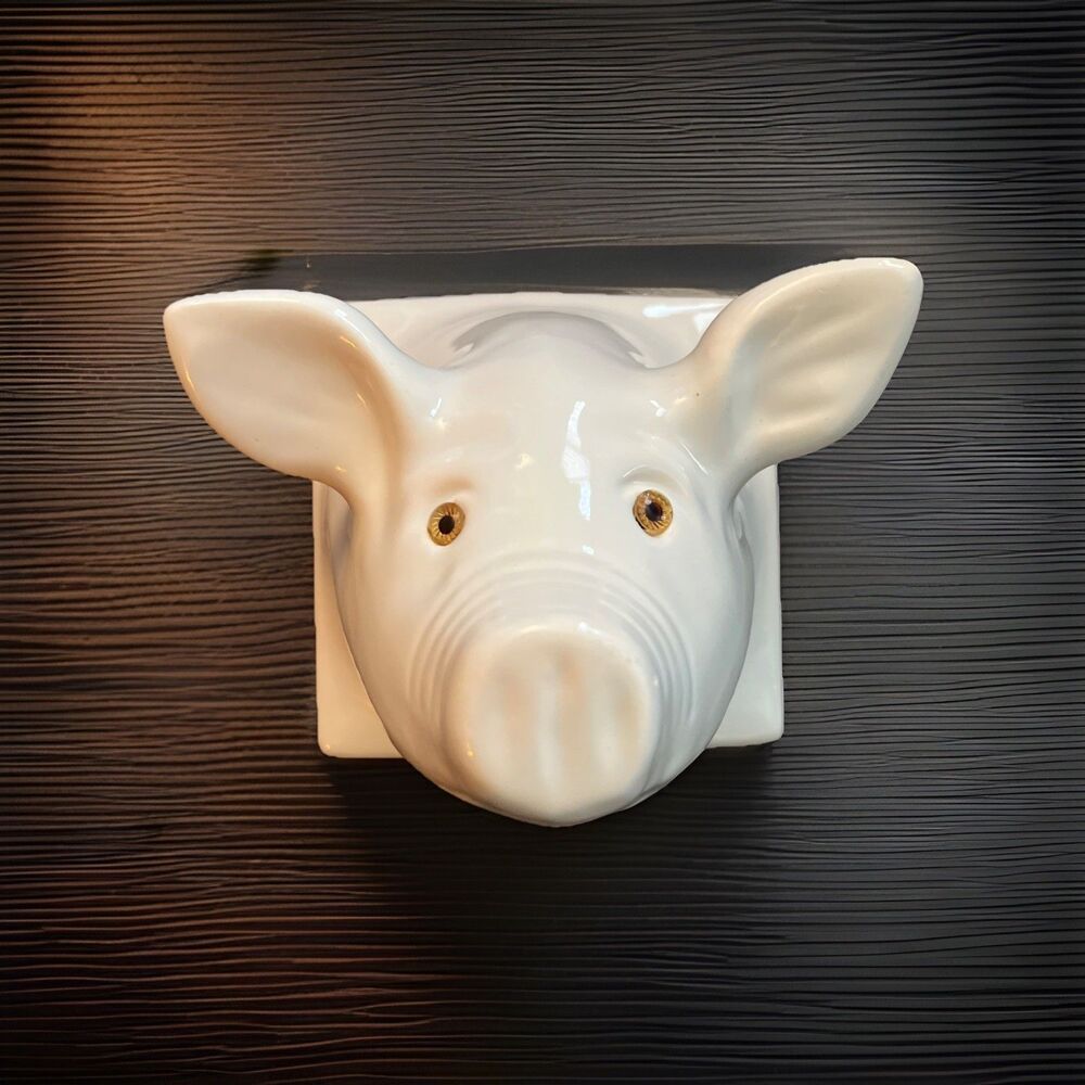 Vtg White Ceramic Pig Head Wall Mount Hook Glass Eyes Farmhouse Butcher Cottage
